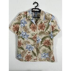 Vintage 80s Hawaiian Shirt Womens Size S Beige Polyester Button Up Short Sleeve